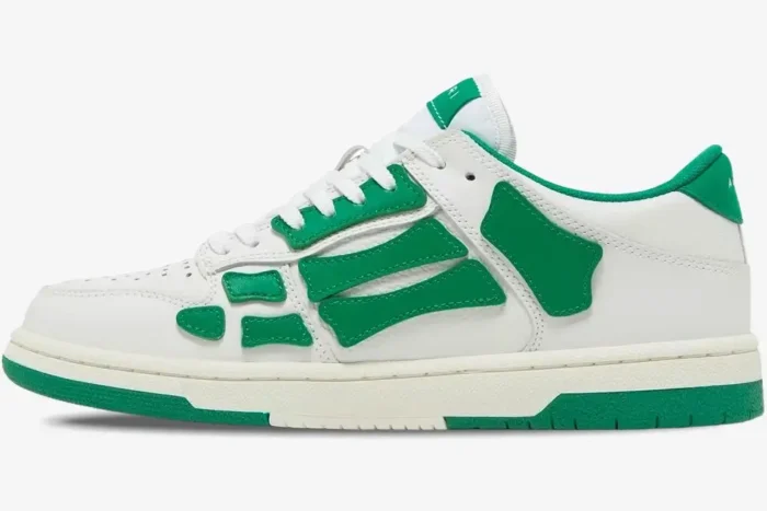 Amiri Skel Top Low white and green skeleton sneaker featuring bone-shaped overlays, side profile view. - SKU MFS003-114