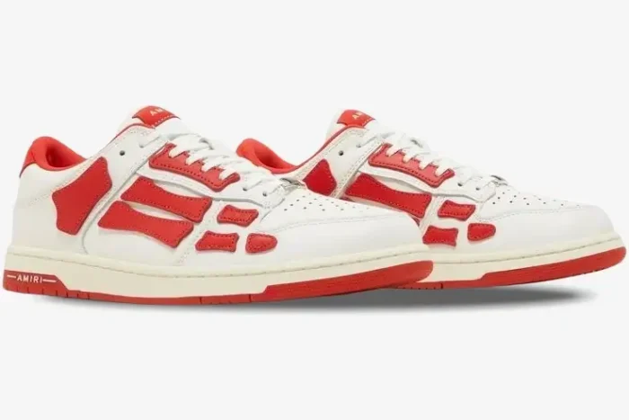 Amiri Skel Top Low white and red leather sneakers, side-angle view. - SKU mfs003-124