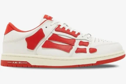 Side profile of Amiri Skel Top Low sneakers in white and red leather with skeleton bone overlays. - SKU mfs003-124