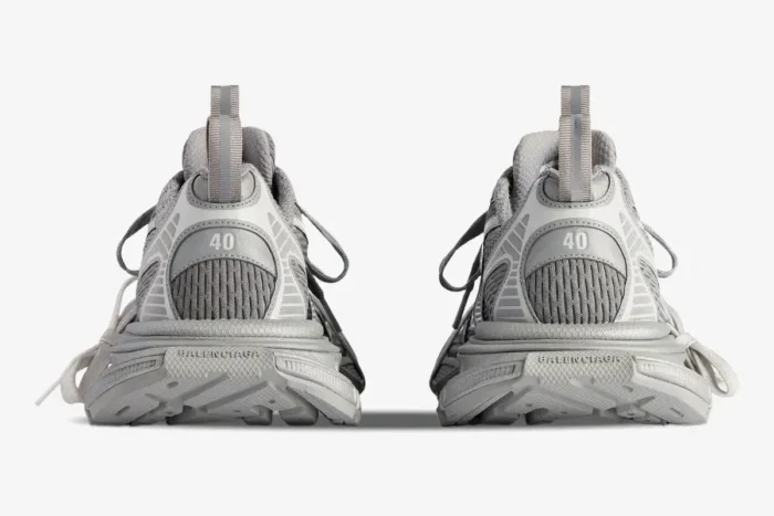 Back view of Balenciaga 3XL grey reflective mesh and polyurethane low top sneakers showing the heels. - SKU 734734W3XLR1281