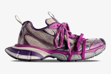 Side view of Balenciaga 3XL purple and grey mesh low top sneakers with chunky soles and extra laces. - SKU 241342F128023