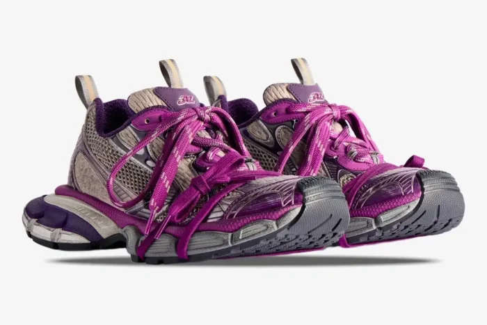 Balenciaga 3XL purple and grey mesh low top sneakers shown from a side perspective. - SKU 241342F128023