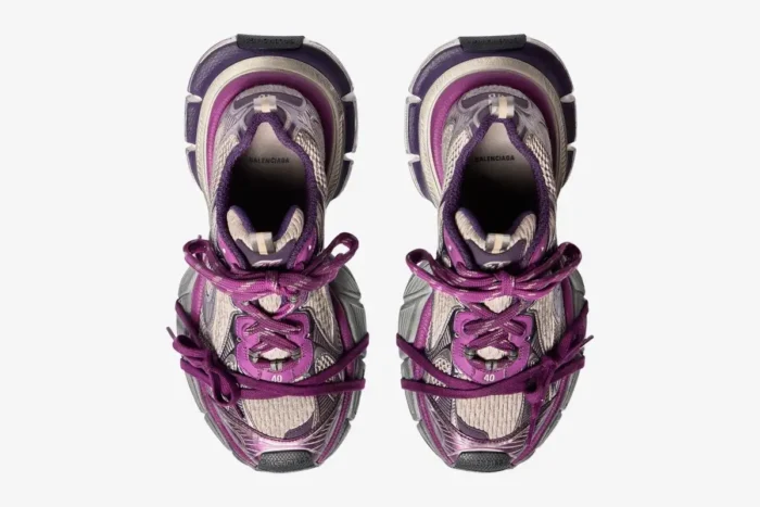 Top-down view of Balenciaga 3XL mesh and polyurethane low top sneakers in purple and grey. - SKU 241342F128023