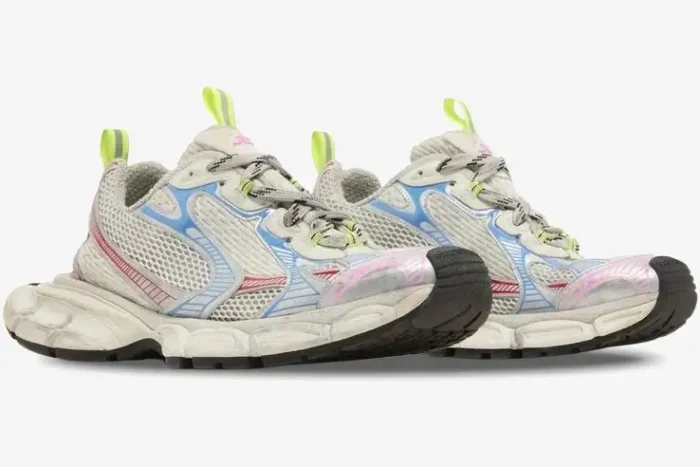 Balenciaga 3XL Sneaker Distressed Multi-Color Edition in a side view showing mesh and colorful overlays. - SKU 734734W3XL59645