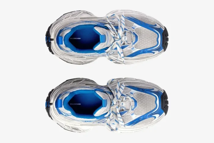 Top-down view of a pair of Balenciaga 6XL sneakers in grey, blue, and white. - SKU 815859W2MV21490