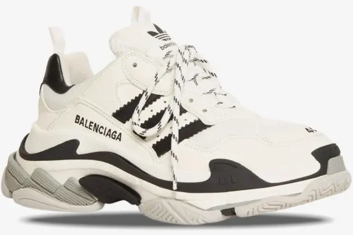 Balenciaga Triple S x Adidas white and black sneaker in a side profile view. - SKU 710021W2ZB19112