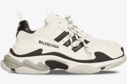 Balenciaga Triple S x Adidas collaboration sneaker in white and black, side profile view. - SKU 710021W2ZB19112