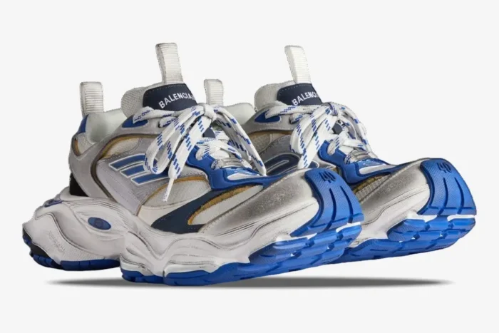 Balenciaga Cargo Sneaker in white, grey, and blue, shown from a low three-quarter front angle. - SKU 785754W2MV11940