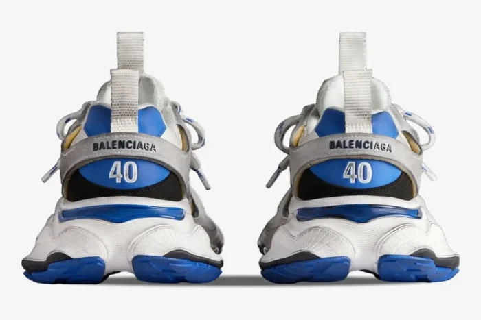 Rear view of Balenciaga Cargo Sneakers in white, grey, and blue featuring size 40 on the heel. - SKU 785754W2MV11940