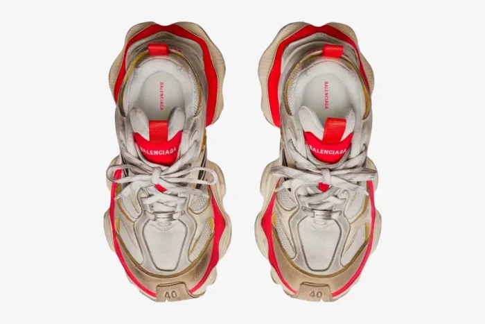 Top-down view of Balenciaga Cargo Worn-Out sneakers in beige and red with chunky soles. - SKU 785754W2MV12160