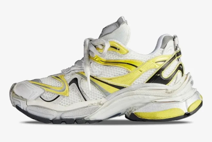 Balenciaga Runner 2 Distressed Mesh sneaker in yellow and silver, side profile view. - SKU 779066W3RXP9710