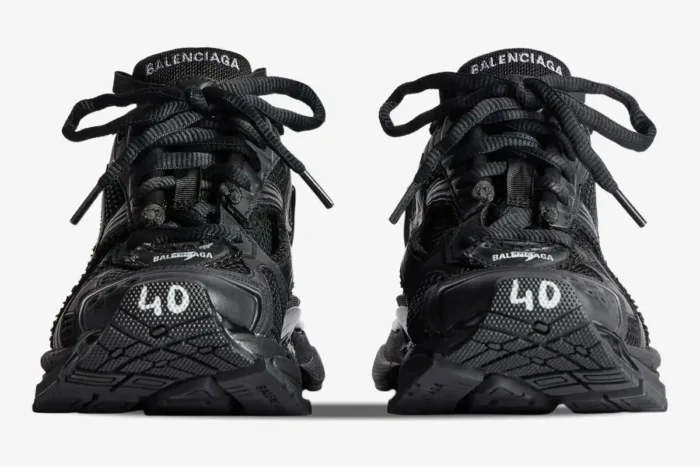 Front view of Balenciaga Runner All Black Distressed Sneakers showing the size 40 on the toe. - SKU 772774W3RBT1000