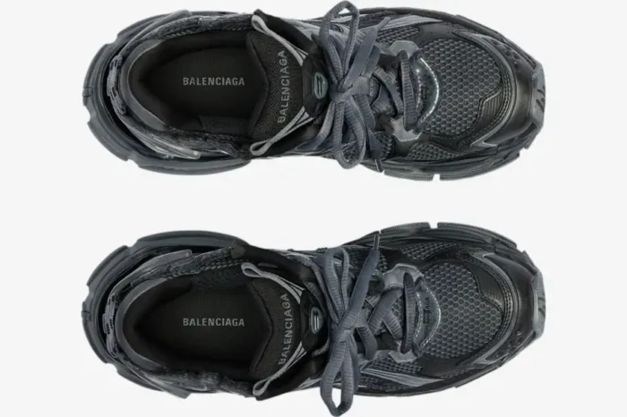 Top-down view of Balenciaga Runner BL206 sneakers in distressed grey and silver mesh and leather. - SKU 677403W3RB11000