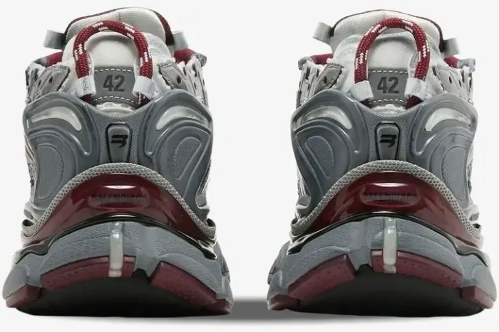 Rear view of Balenciaga Runner Sneakers in burgundy and silver distressed mesh and nylon. - SKU 677403W3RB39069