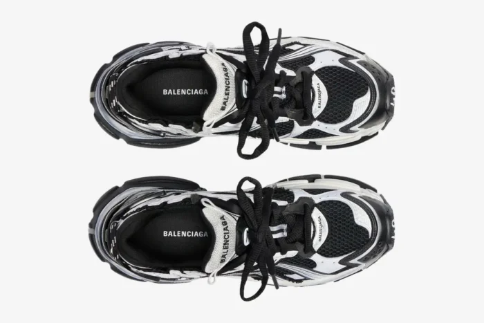Top-down view of Balenciaga Runner Sneaker Distressed Edition in black and white mesh and leather. - SKU 772774W3RMU9010
