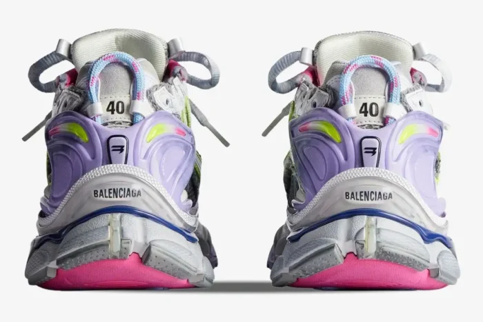 Rear view of Balenciaga Runner Sneakers in distressed multi-color purple, pink, and white. - SKU 772767W3RMU1745