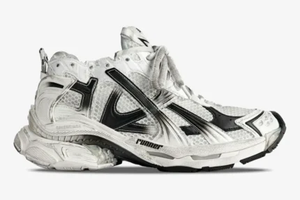 Balenciaga Runner Gradient Sneaker in white and black, side profile view with distressed finish. - SKU 677403W3RB19010