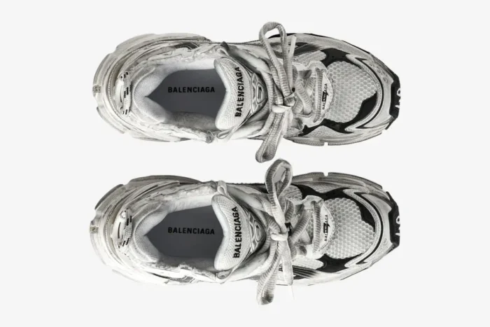 Top-down view of Balenciaga Runner Gradient Sneakers in white and black with distressed mesh details. - SKU 677403W3RB19010