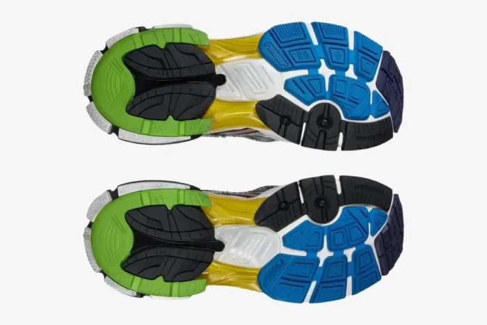 Bottom view of Balenciaga Runner Multicolor sneakers showing green, blue, and yellow outsole details. - SKU 772774W3RMU8123