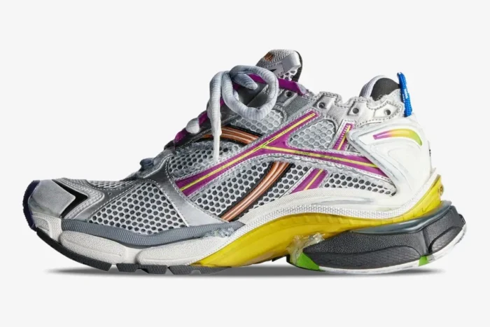 Balenciaga Runner Multicolor Distressed Silver White sneaker shown from a side profile view. - SKU 772774W3RMU8123