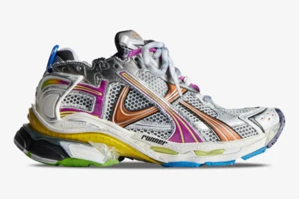 Balenciaga Runner Multicolor Distressed Silver White sneaker, side profile view on white background. - SKU 772774W3RMU8123