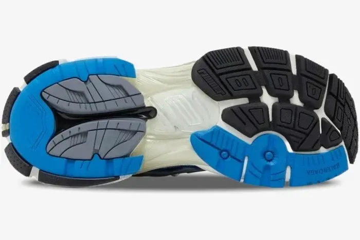 Bottom view of Balenciaga Runner Sneaker in blue, white, and grey showing the textured outsole tread. - SKU 677403W3RB34912