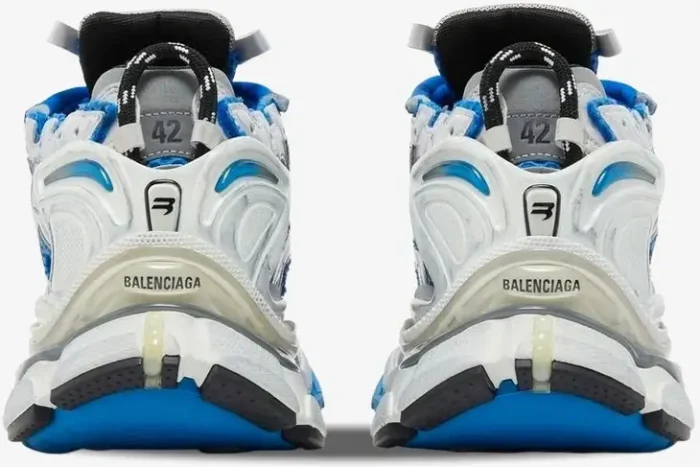 Rear view of Balenciaga Runner sneakers in blue, white, and grey with visible size 42 and logo details. - SKU 677403W3RB34912
