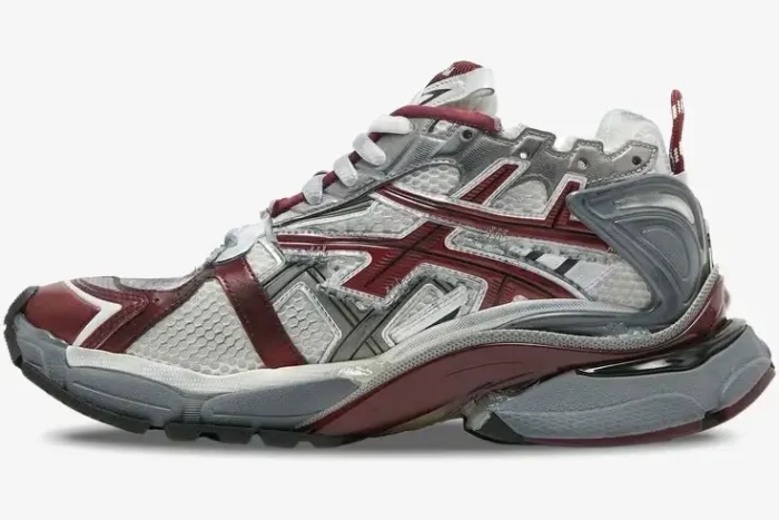 Side profile of Balenciaga Runner Sneaker in burgundy and silver with a distressed finish. - SKU 677403W3RB39069