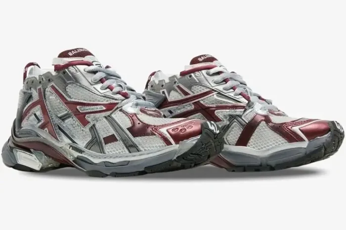 Balenciaga Runner Sneaker in burgundy and silver distressed mesh, side three-quarter view. - SKU 677403W3RB39069