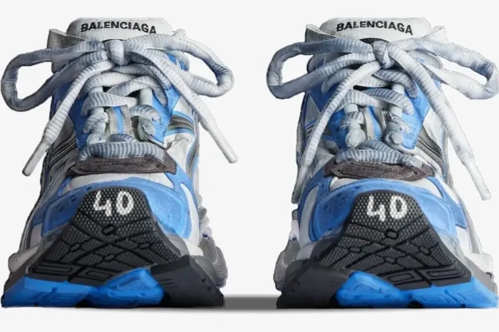 Front view of blue, white, and grey distressed Balenciaga Runner Sneakers showing the size 40 on the toe. - SKU 677403W3RB14912