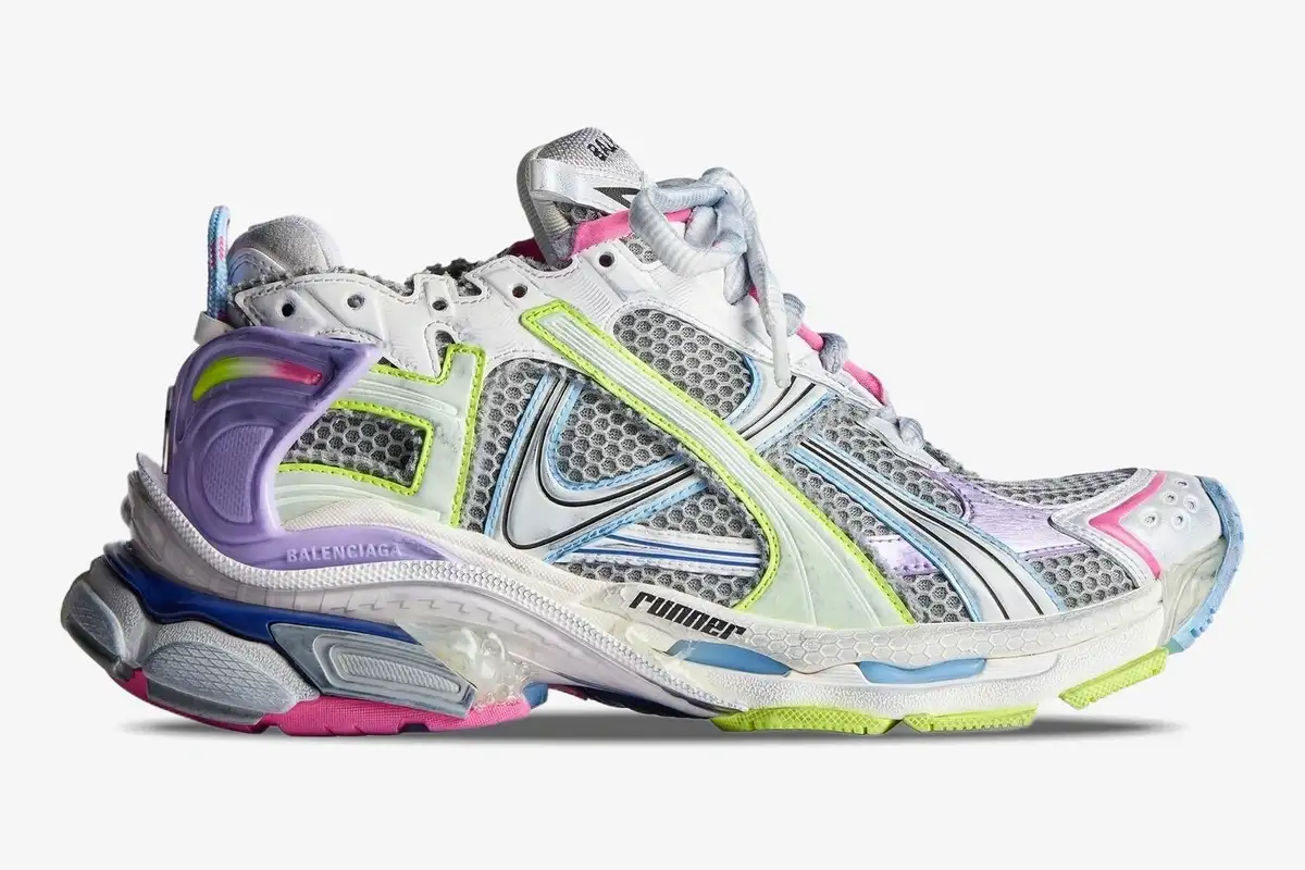 balenciaga-runner-sneaker-distressed-multi-side-772767w3rmu1745-367-393 Side profile of Balenciaga Runner Sneaker in distressed multi-color with mesh and layered overlays. - SKU 772767W3RMU1745