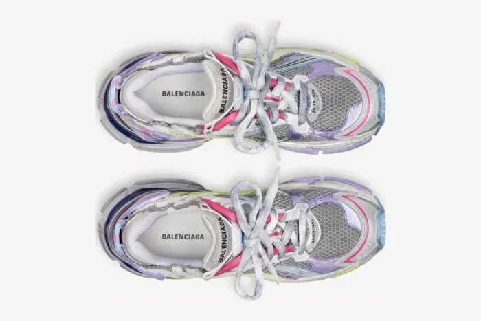 Top-down view of Balenciaga Runner Sneakers in distressed multi-color purple, pink, and grey. - SKU 772767W3RMU1745