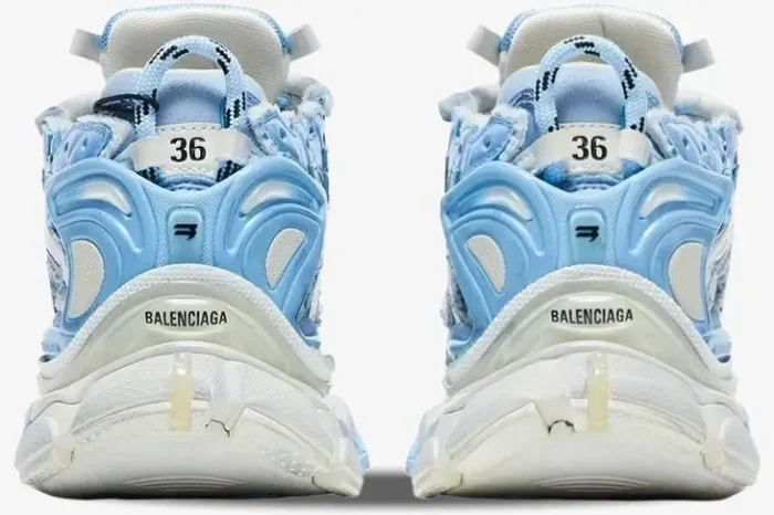 Rear view of Balenciaga Runner Sneakers in light blue and white, showing the heel and size 36 tag. - SKU 677402W3RB29744