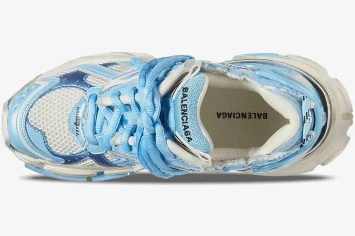 Top-down view of Balenciaga Runner Sneaker in light blue and white with mesh panels. - SKU 677402W3RB29744