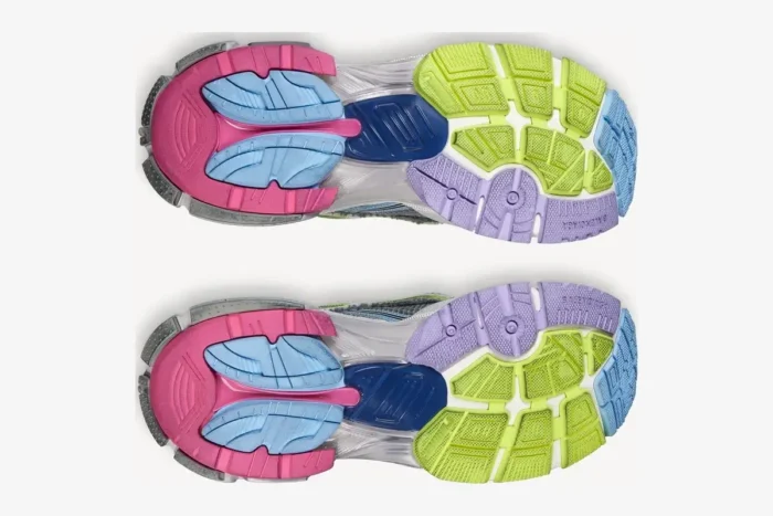 Bottom view of Balenciaga Runner Sneaker soles in distressed multi-color pink, blue, and lime green. - SKU 772767W3RMU1745