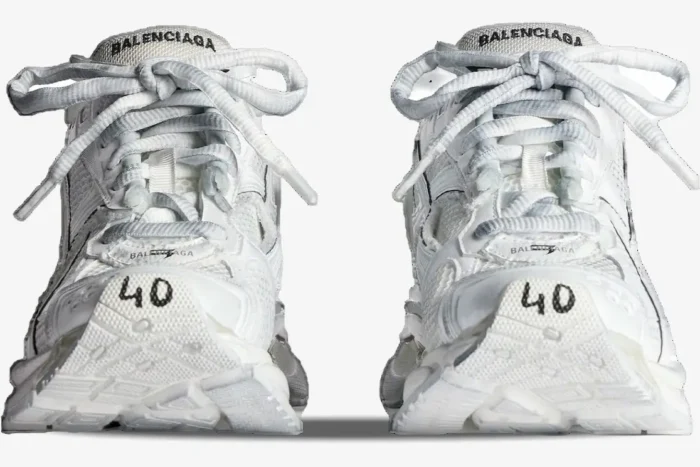 Front view of white Balenciaga Runner Sneakers featuring size 40 on the toe and mesh overlays. - SKU 772774W3RMU9000
