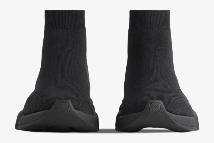 Front view of black Balenciaga Speed 2.0 recycled knit sneakers with a sock-like design and chunky soles. - SKU 617239W2DB11013