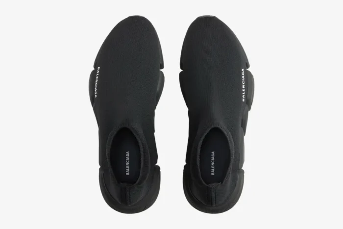 Top-down view of black Balenciaga Speed 2.0 recycled knit sneakers on a white background. - SKU 617239W2DB11013