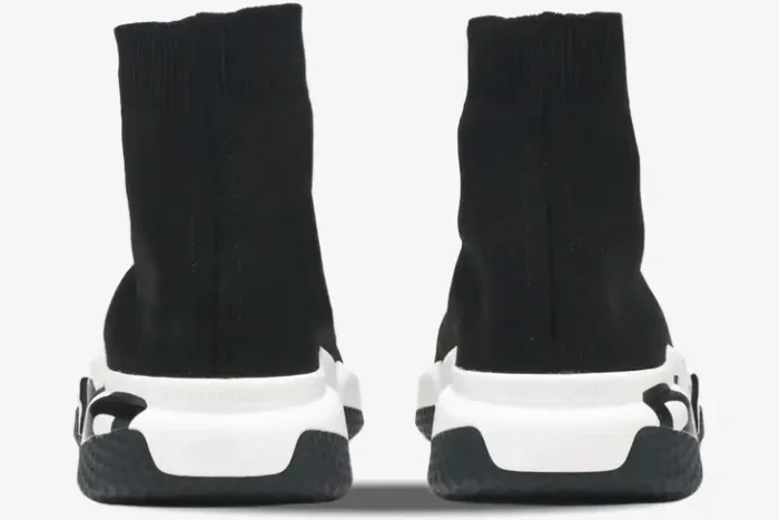 Rear view of Balenciaga Speed Graffiti Trainer in black and white with a sock-like design. - SKU 605972W05GE1015