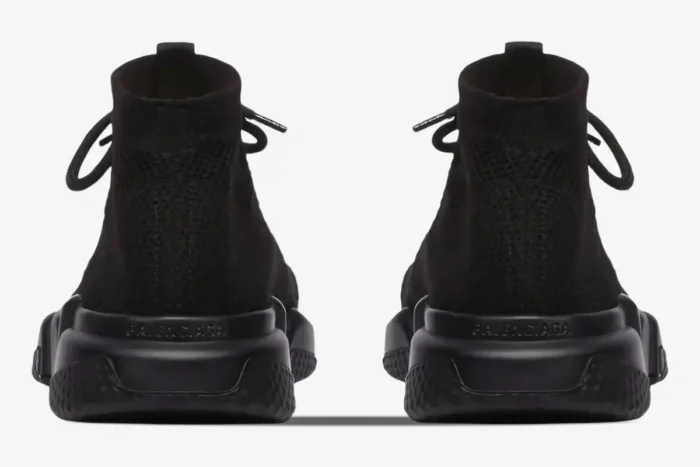 Rear view of black Balenciaga Speed Lace-Up recycled knit sneakers showing the heel logo. - SKU 617196W2DB11013
