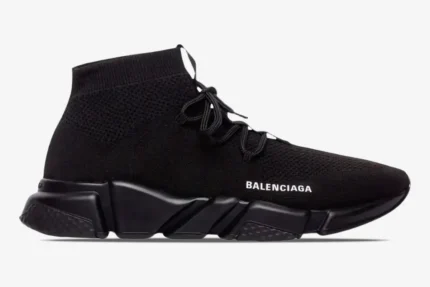 Side profile of Balenciaga Speed Lace-Up sneakers in black recycled knit with white logo. - SKU 617196W2DB11013