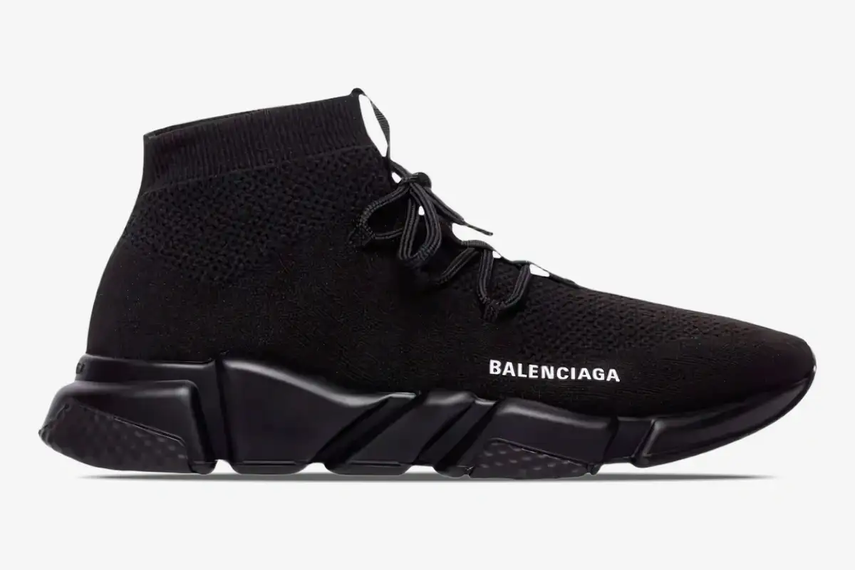 balenciaga-speed-lace-up-black-side-view-617196w2db11013-794-789 Side profile of Balenciaga Speed Lace-Up sneakers in black recycled knit with white logo. - SKU 617196W2DB11013