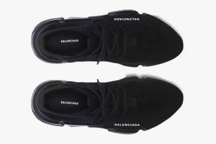 Top-down view of Balenciaga Speed Lace-Up Recycled Knit sneakers in black with white branding. - SKU 617196W2DB11013