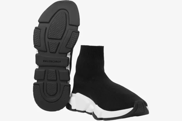 Balenciaga Speed Trainer black and white sneakers, side profile and bottom outsole view. - SKU 483502W05G01000