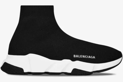 Side profile of a Balenciaga Speed Trainer in black and white with a sock-like knit upper. - SKU 483502W05G01000