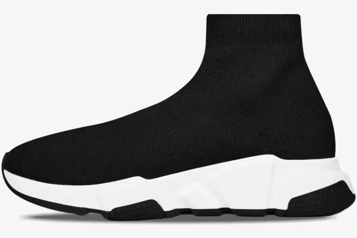 Side profile of a Balenciaga Speed Trainer in black with a chunky white sole. - SKU 483502W05G01000
