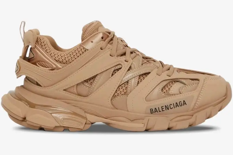 balenciaga-track-beige-sneakers-side-view-542023w2la19870-903-454 Side profile of Balenciaga Track beige multi-layered sneakers with mesh panels and chunky soles. - SKU 542023W2LA19870