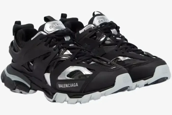 Balenciaga Track sneakers in black and silver, three-quarter view. - SKU 542023 W2FSC1081