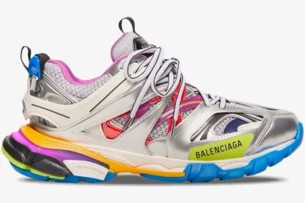 Side view of a Balenciaga Track Leather Free sneaker in silver and white with vibrant multi-color accents. - SKU 542023W2FSA8123