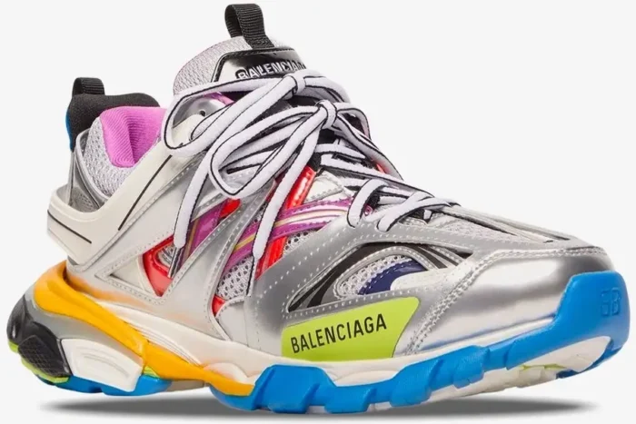 Side view of Balenciaga Track Leather Free sneakers in silver, white, and vibrant multi-colors. - SKU 542023W2FSA8123